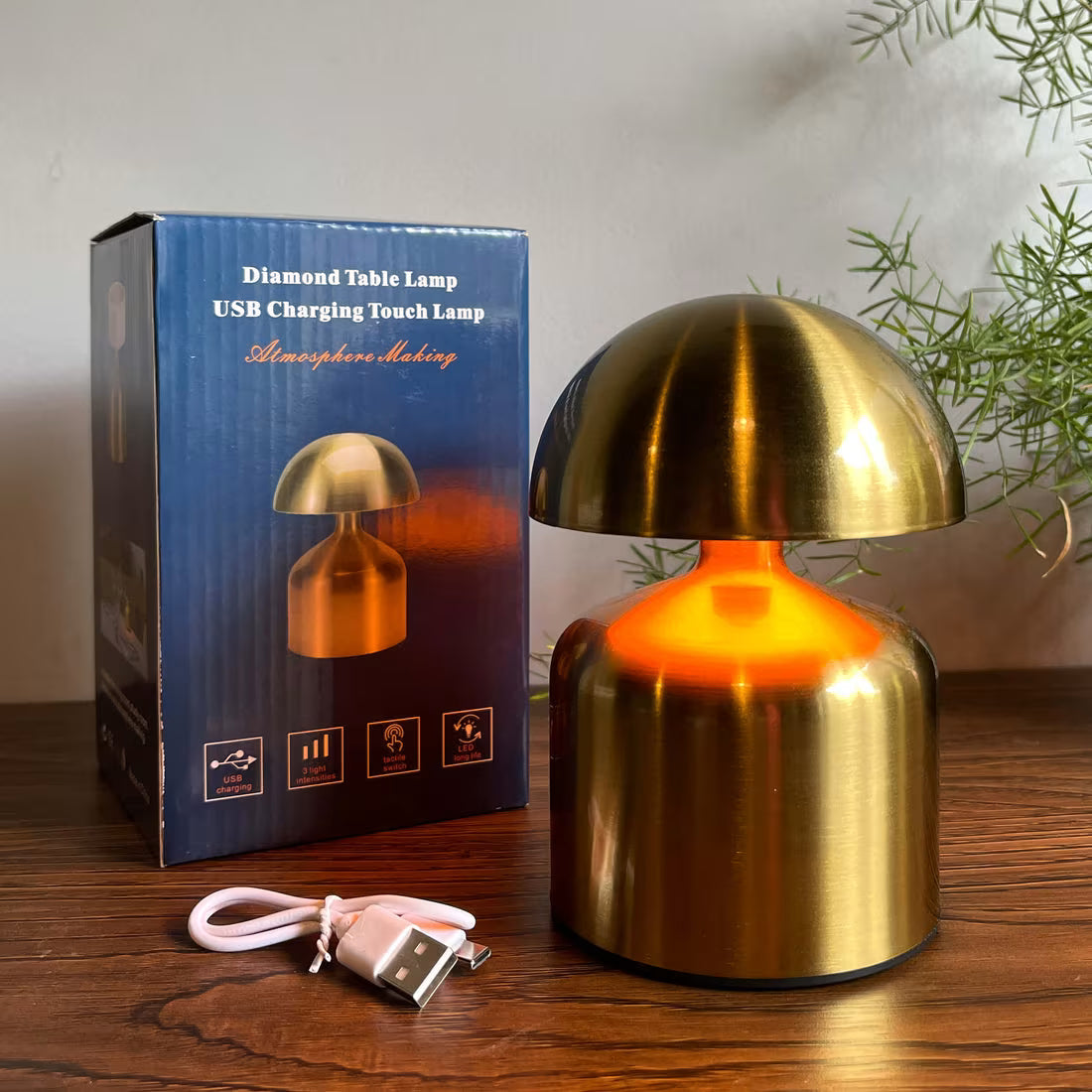 Premium Metal Mushroom Touch Lamp – Rechargeable & Dimmable Night Light