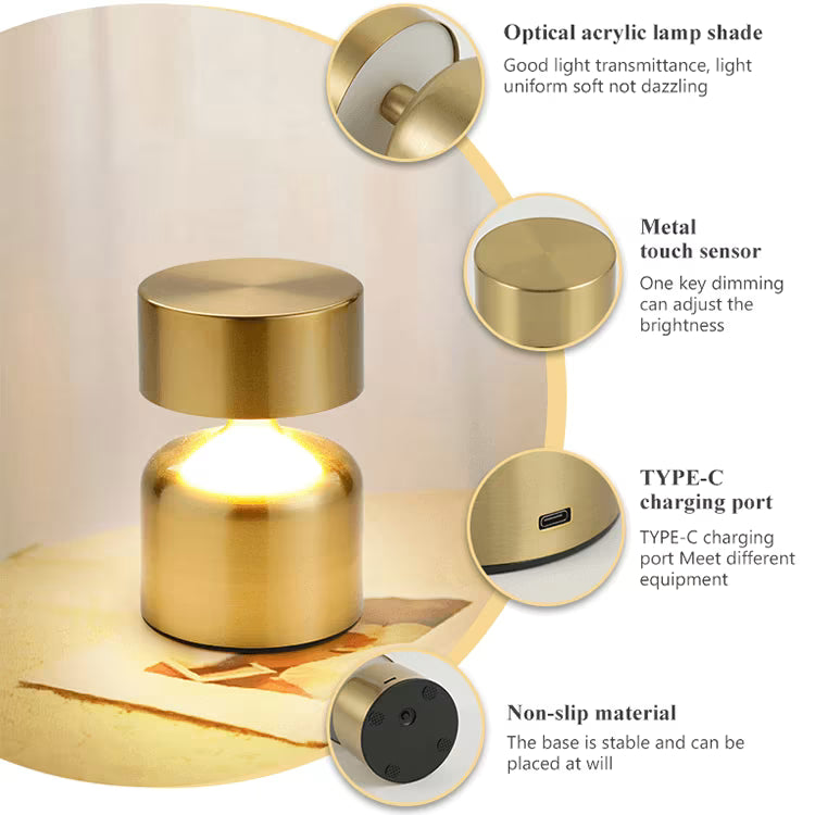 Metal Round Top Touch Lamp – Rechargeable & Stepless Dimming (Premium Decor)
