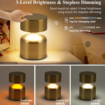 Metal Round Top Touch Lamp – Rechargeable & Stepless Dimming (Premium Decor)