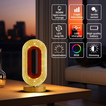 Oval Crystal LED Touch Lamp – Rechargeable 3-Color Night Light (Modern Decor)